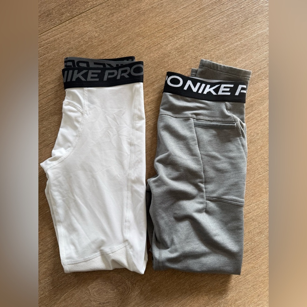 Nike Kids Performance Leggings in White and Gray with Black Waistbands